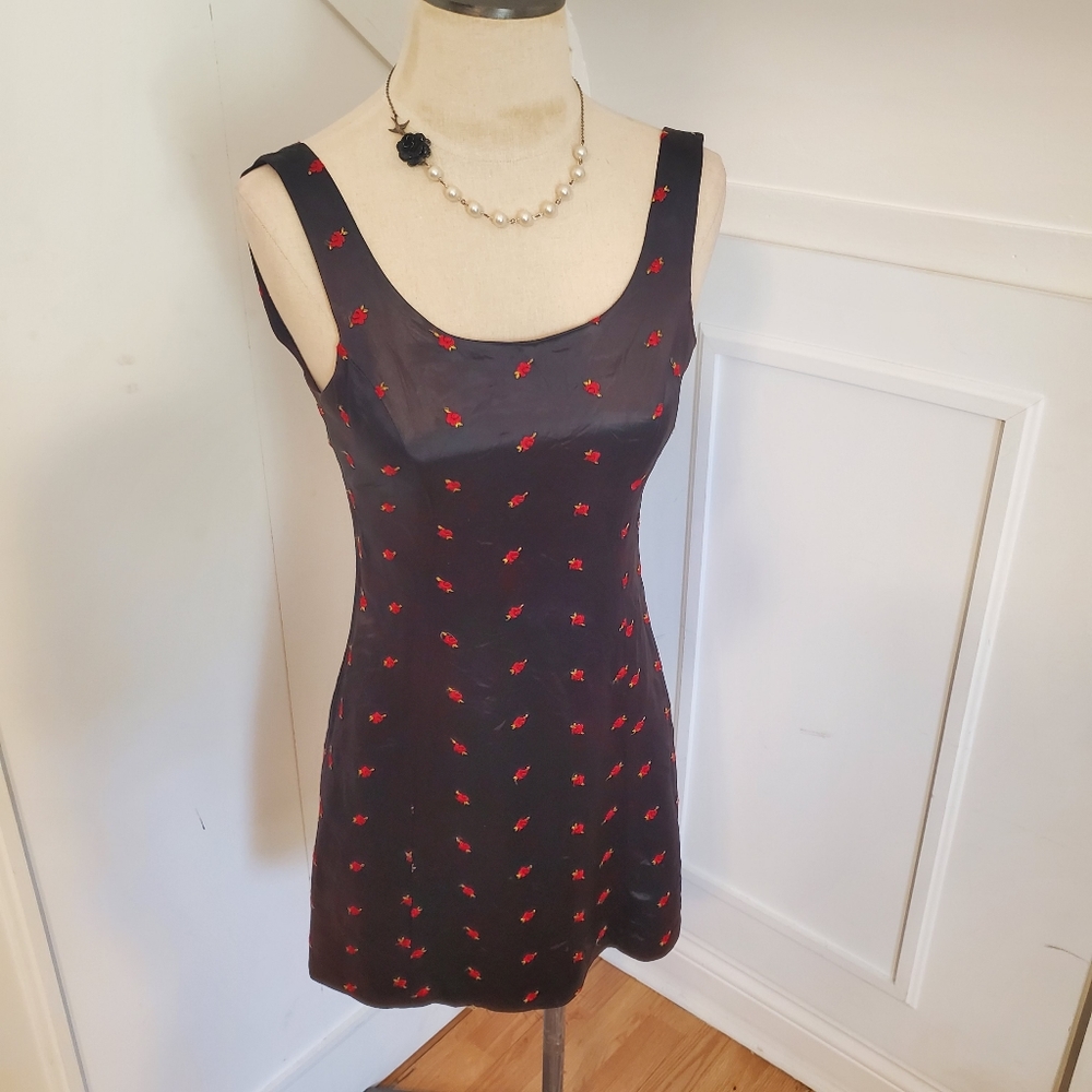 ❤SOLD❤Vintage betsey johnson Satin Rosebud embroidery mini Black dress - Picture 8 of 11